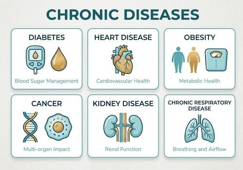 Chart showing common chronic diseases including diabetes, heart disease, obesity, cancer, kidney disease and respiratory disease