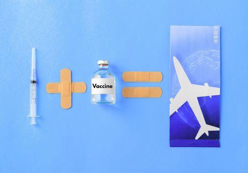 Syringe, vaccine vial, passport and aeroplane laid out for a travel vaccination appointment